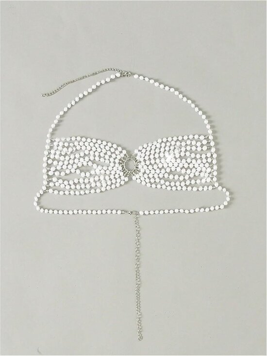 Women's White Pearl Beaded Halter Sleeveless Backless Beach Cover Up Bikini Top - Picture 3 of 6